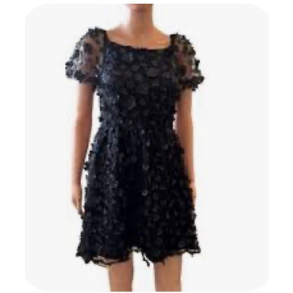 Forever 21 black babydoll mini dress with blouson sleeves gold edged petal appli